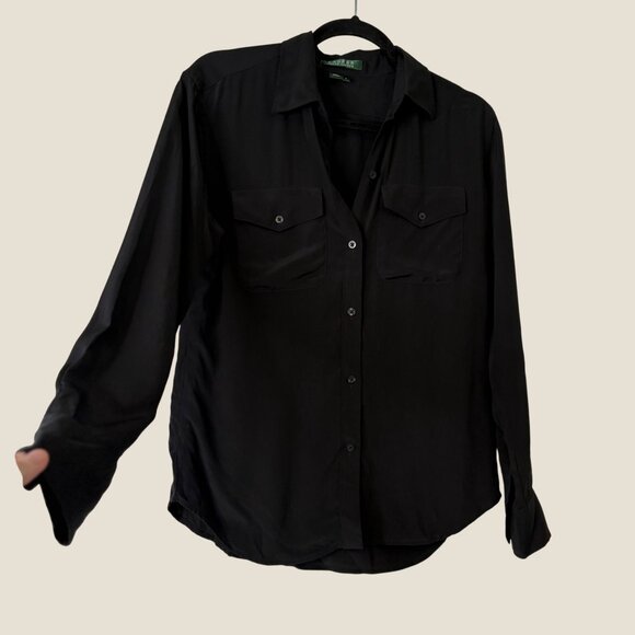 Lauren Ralph Lauren 100% Silk Button Down Black Blouse Size 4 - Picture 2 of 13